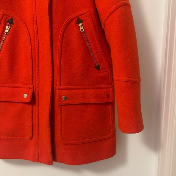 J. Crew Chateau Parka Coat In Stadium Cloth Red With Removable Fur Hood | Size 6 - Picture 6 of 13